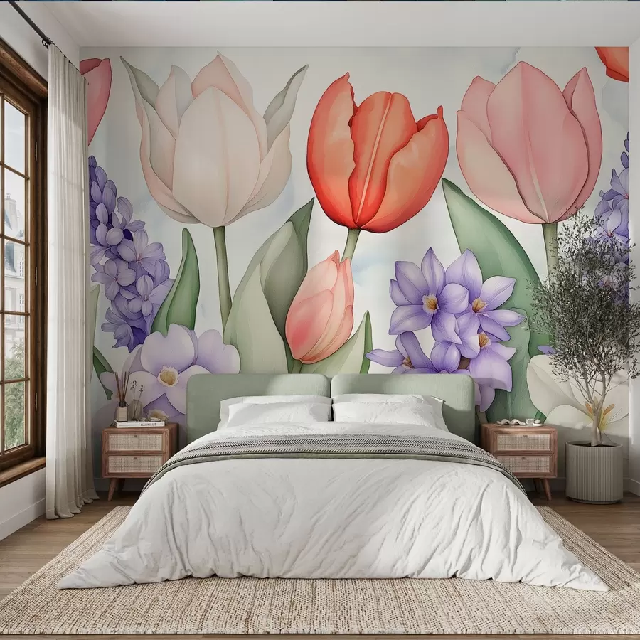 murais de parede Flores da primavera, tulipas, jacinto, desenho em estilo aquarela, floral w02940