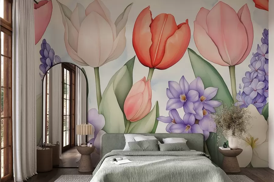 murais de parede Flores da primavera, tulipas, jacinto, desenho em estilo aquarela, floral w02940