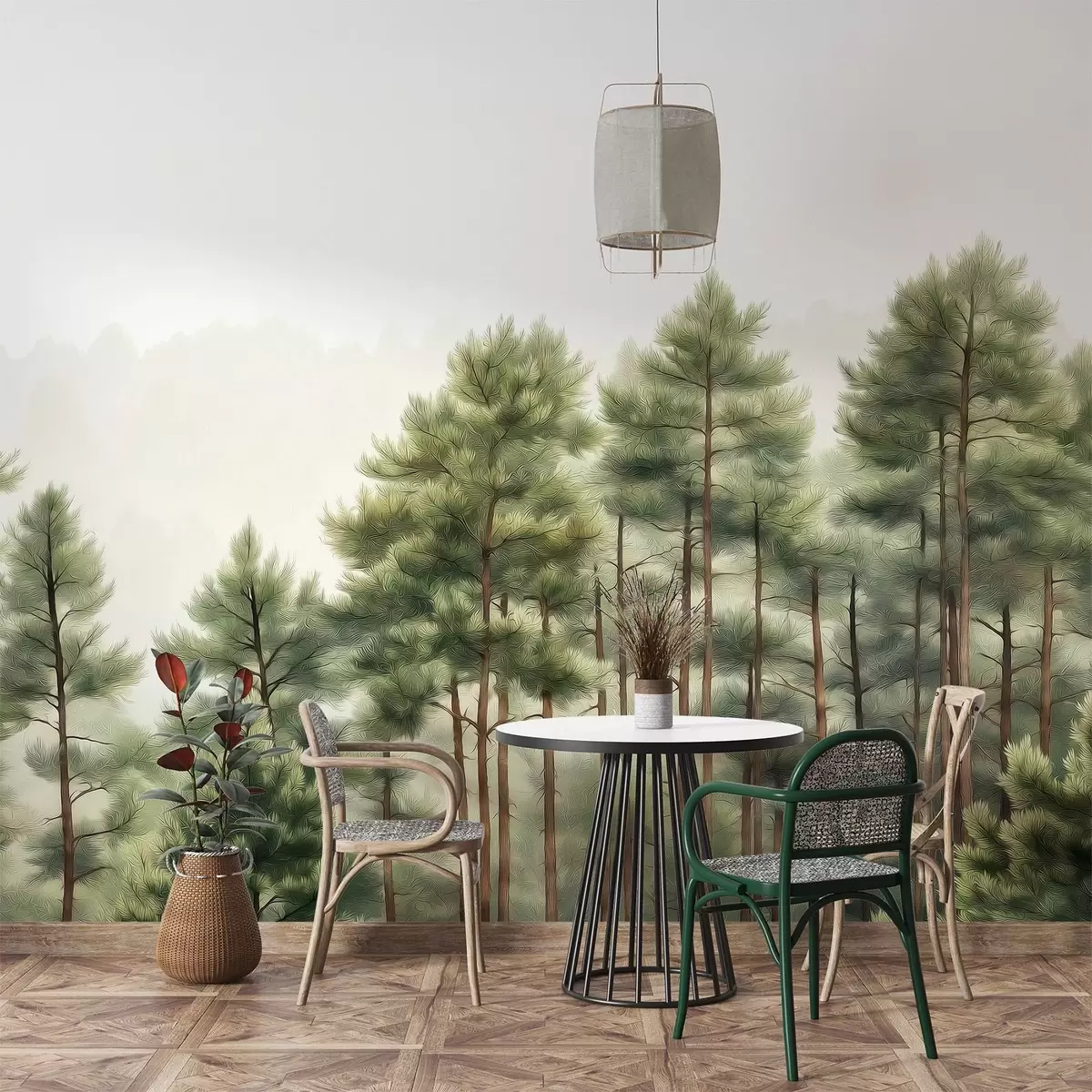 murais de parede Floresta com pinheiros, desenho a óleo, natureza w02942