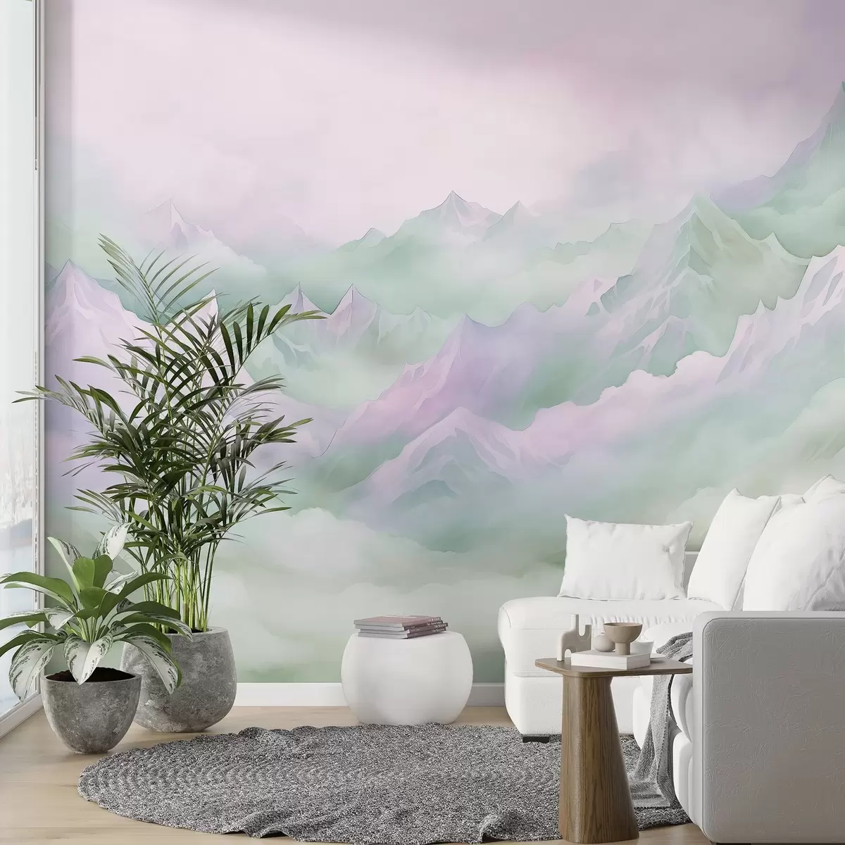 murais de parede Montanhas etéreas com nuvens, estilo aquarela, cores verde e rosa suaves w02943v1