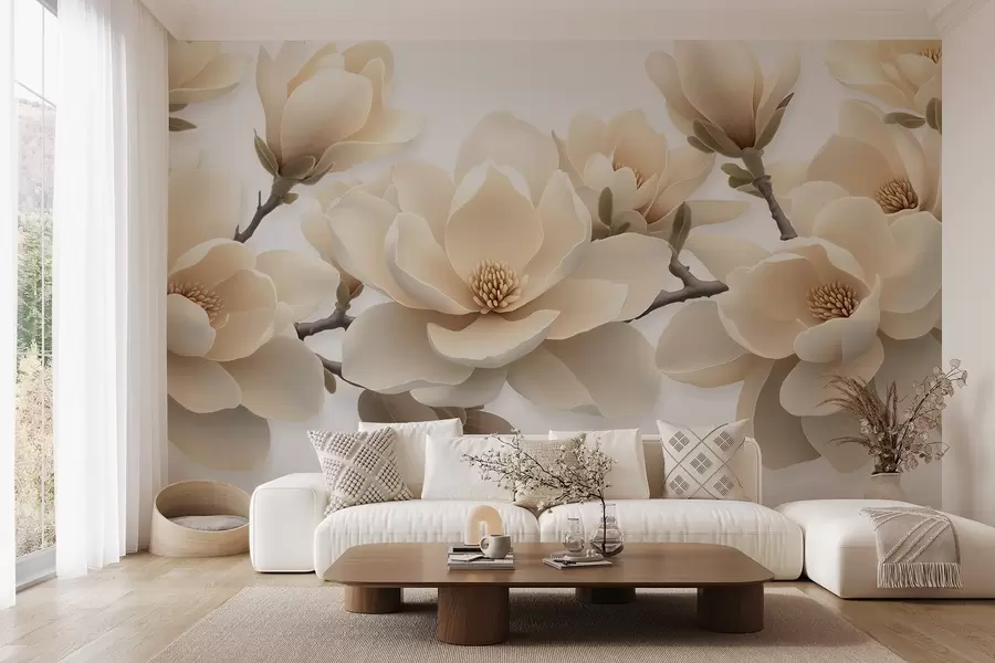 murais de parede Flores de magnólia bege desabrochando em um tom cremoso sobre um fundo branco w08692
