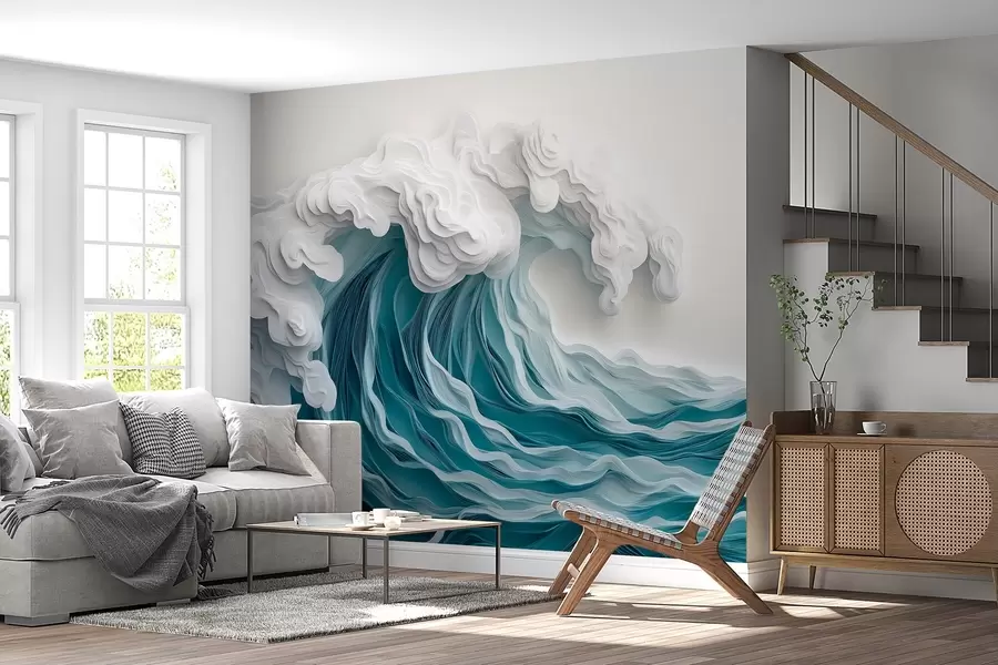 murais de parede Onda do oceano espumante em um estilo de corte de papel w08694