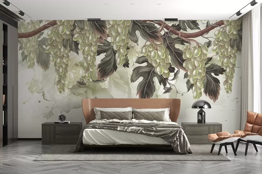 murais de parede Uvas penduradas em uma videira com folhas verdes, em um fundo de cor clara com texturas de aquarela w08696