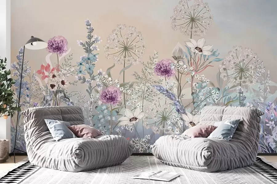 murais de parede Um jardim floral vibrante com várias flores e grama em um fundo texturizado em gradiente de cor pastel suave w08699