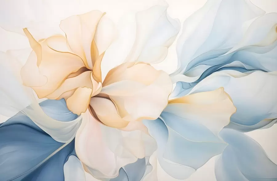 murais de parede Pétalas florais abstratas fluidas com formas translúcidas e em camadas em cores pastéis, em tons de pêssego e azul w08701