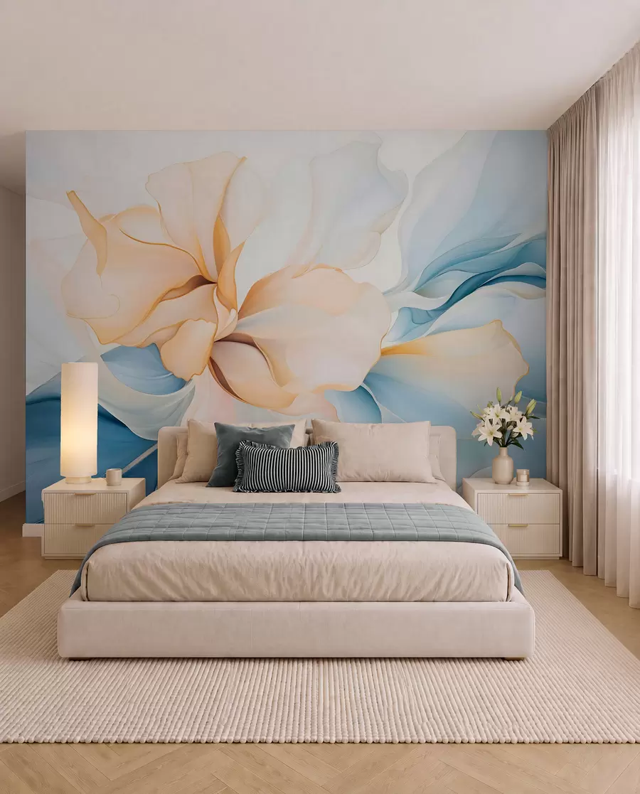 murais de parede Pétalas florais abstratas fluidas com formas translúcidas e em camadas em cores pastéis, em tons de pêssego e azul w08701