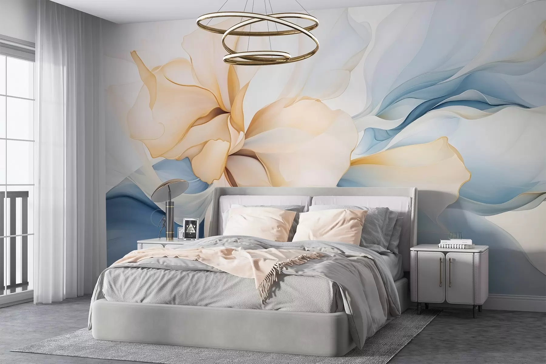 murais de parede Pétalas florais abstratas fluidas com formas translúcidas e em camadas em cores pastéis, em tons de pêssego e azul w08701