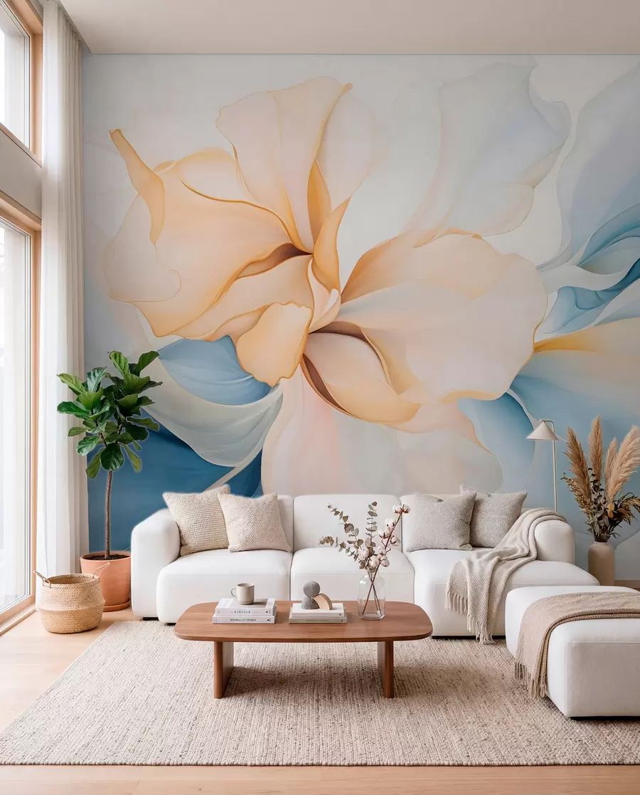 murais de parede Pétalas florais abstratas fluidas com formas translúcidas e em camadas em cores pastéis, em tons de pêssego e azul w08701