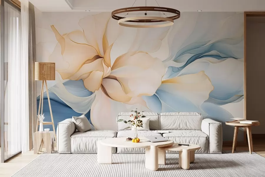 murais de parede Pétalas florais abstratas fluidas com formas translúcidas e em camadas em cores pastéis, em tons de pêssego e azul w08701