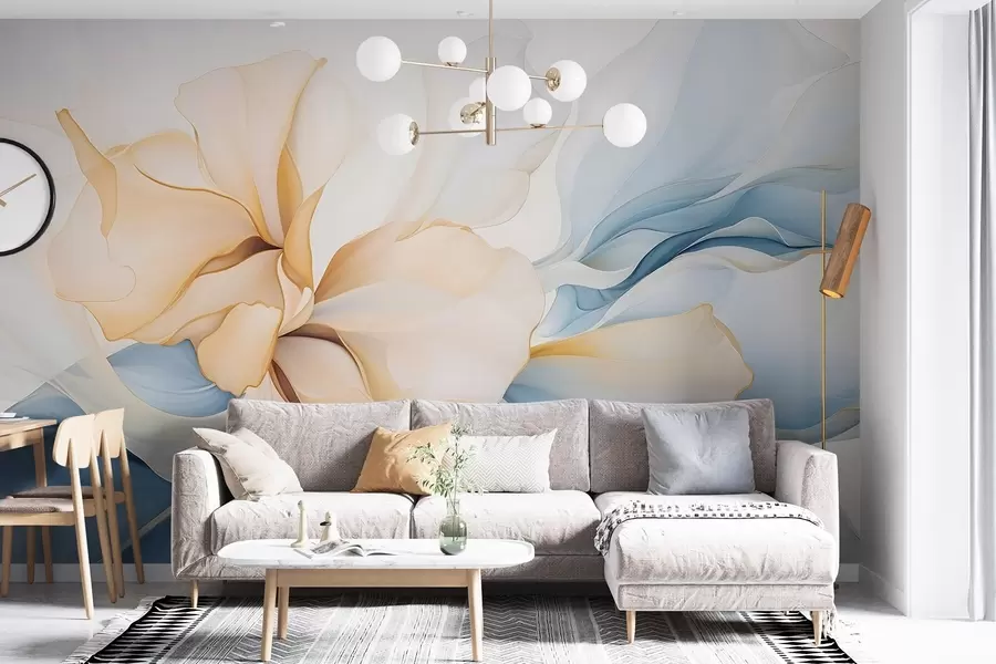 murais de parede Pétalas florais abstratas fluidas com formas translúcidas e em camadas em cores pastéis, em tons de pêssego e azul w08701