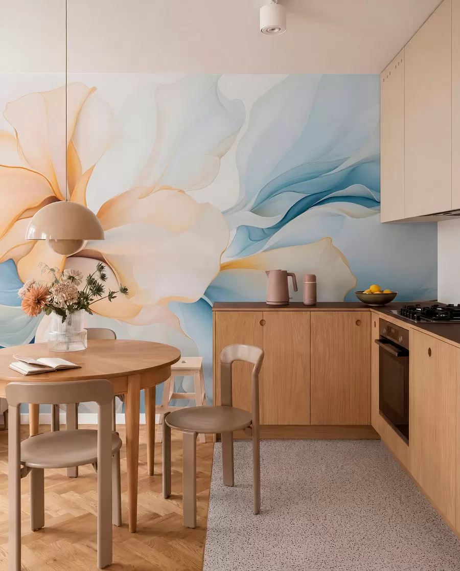 murais de parede Pétalas florais abstratas fluidas com formas translúcidas e em camadas em cores pastéis, em tons de pêssego e azul w08701
