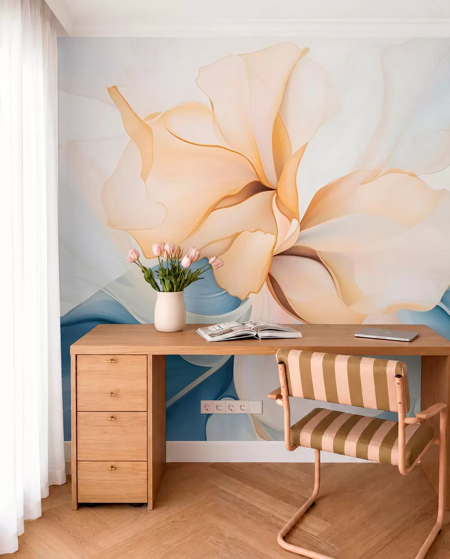 murais de parede Pétalas florais abstratas fluidas com formas translúcidas e em camadas em cores pastéis, em tons de pêssego e azul w08701