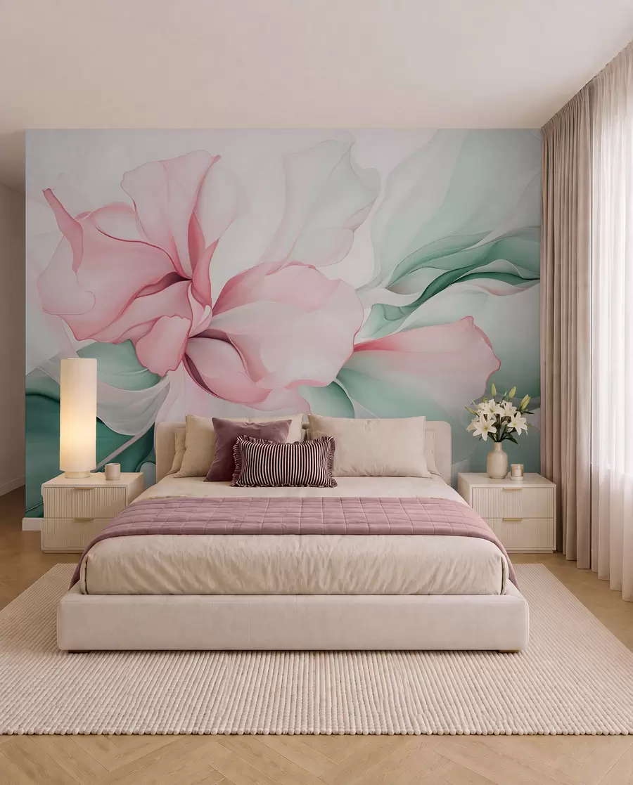murais de parede Pétalas florais abstratas fluidas com formas translúcidas e em camadas em cores pastéis, em tons de rosa e verde w08701v1
