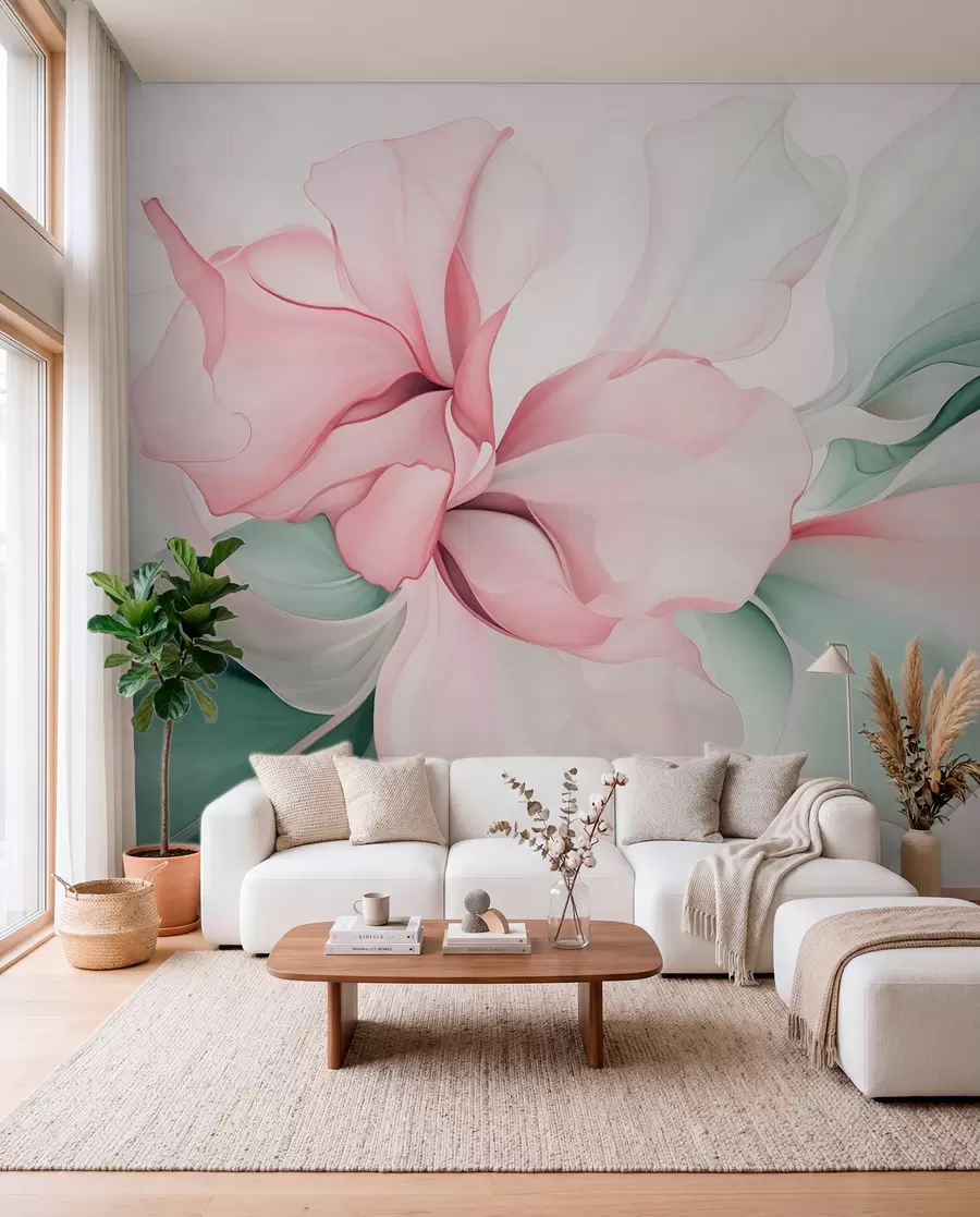 murais de parede Pétalas florais abstratas fluidas com formas translúcidas e em camadas em cores pastéis, em tons de rosa e verde w08701v1