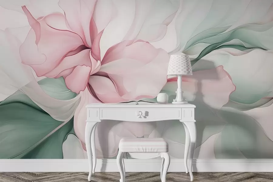 murais de parede Pétalas florais abstratas fluidas com formas translúcidas e em camadas em cores pastéis, em tons de rosa e verde w08701v1