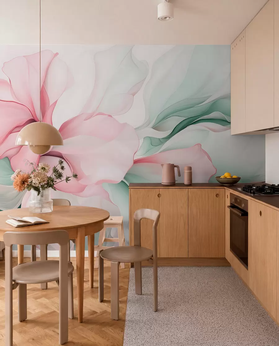 murais de parede Pétalas florais abstratas fluidas com formas translúcidas e em camadas em cores pastéis, em tons de rosa e verde w08701v1