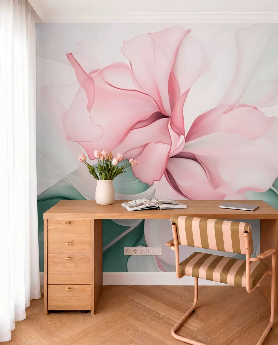 murais de parede Pétalas florais abstratas fluidas com formas translúcidas e em camadas em cores pastéis, em tons de rosa e verde w08701v1