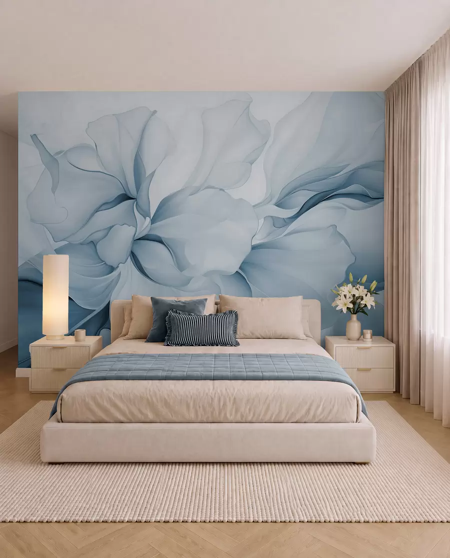 murais de parede Pétalas florais abstratas fluidas com formas translúcidas e em camadas em cores pastéis, em tons de azul w08701v2