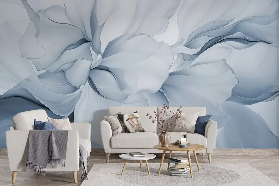 murais de parede Pétalas florais abstratas fluidas com formas translúcidas e em camadas em cores pastéis, em tons de azul w08701v2