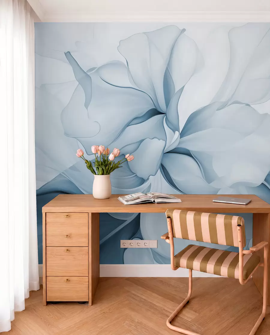 murais de parede Pétalas florais abstratas fluidas com formas translúcidas e em camadas em cores pastéis, em tons de azul w08701v2