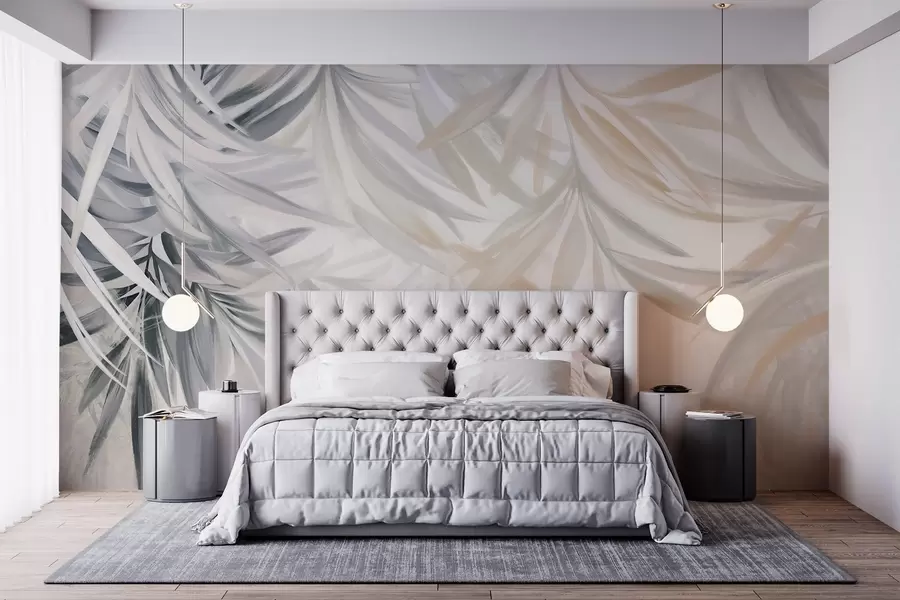 murais de parede Folhas tropicais suaves e fluidas de cores claras em tons de cinza e pêssego, misturando-se a uma estampa pálida e neutra w08703