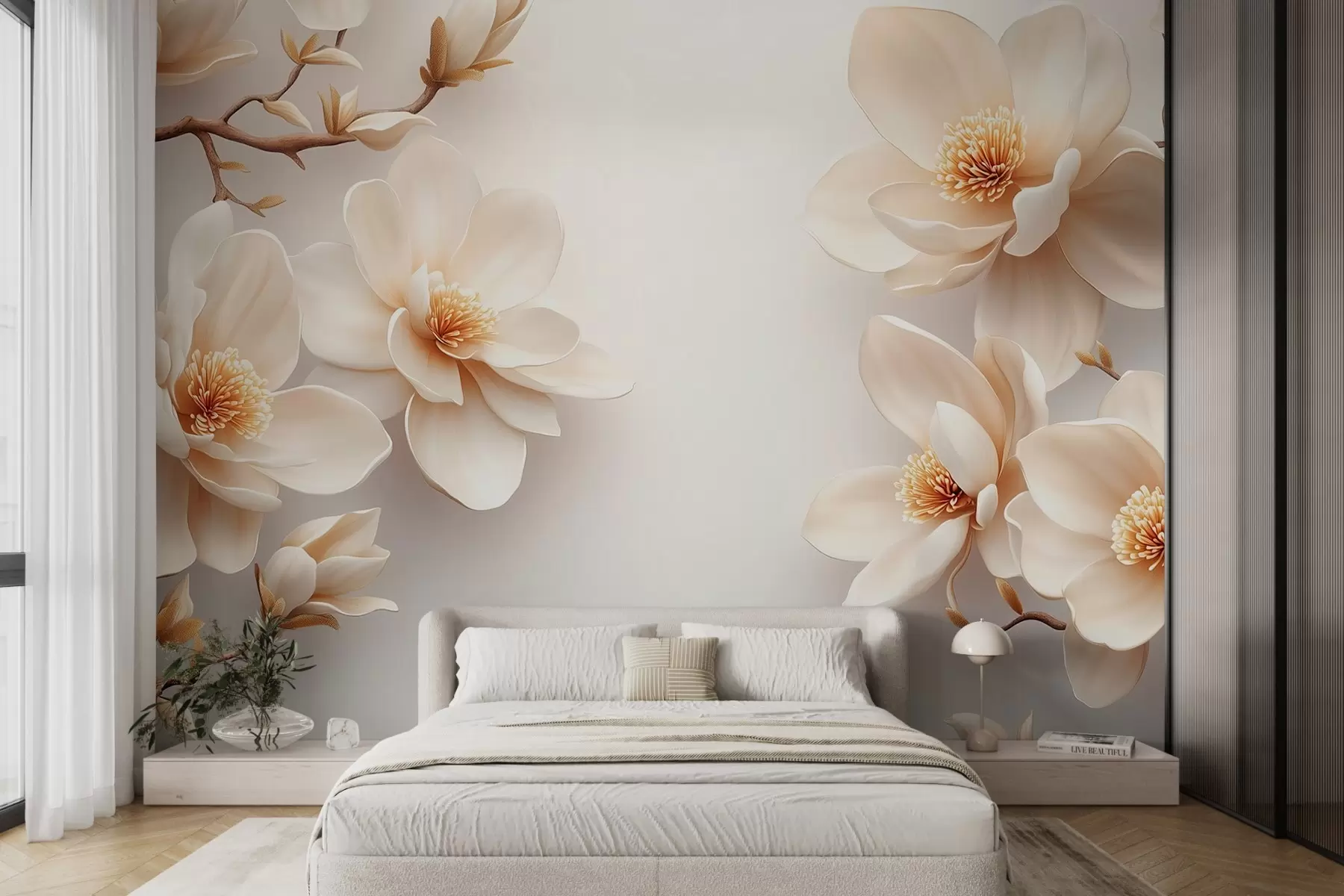 murais de parede Lindas flores de magnólia de cor creme desabrochando em um fundo branco w08704