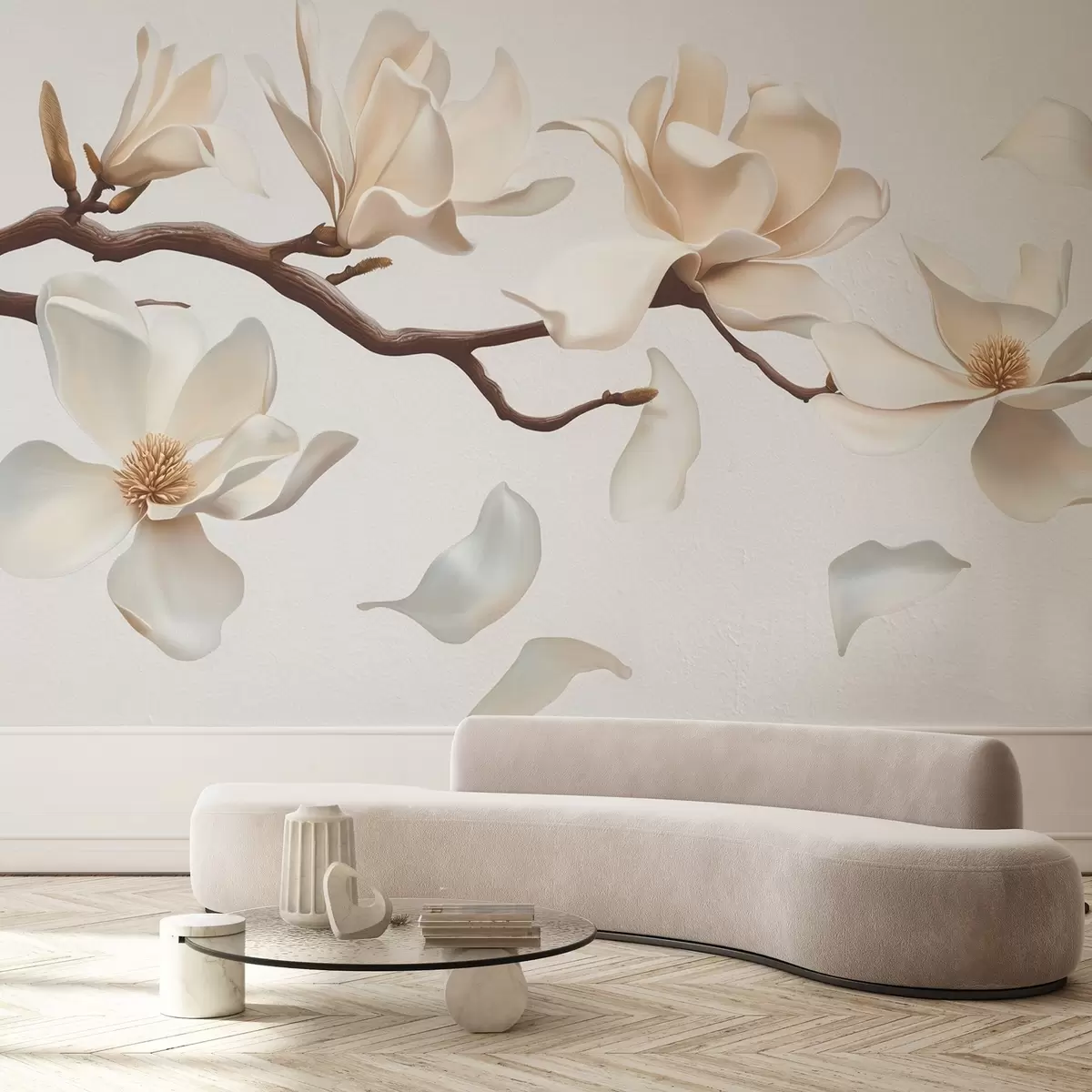 murais de parede Um galho de árvore com delicadas flores de magnólia e pétalas caindo w08706