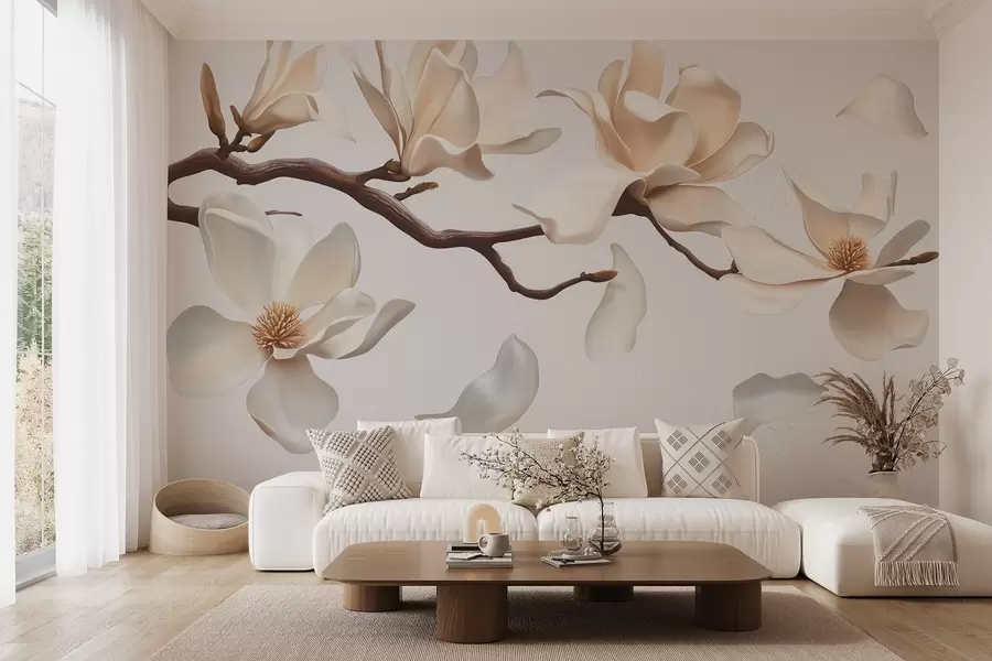 murais de parede Um galho de árvore com delicadas flores de magnólia e pétalas caindo w08706