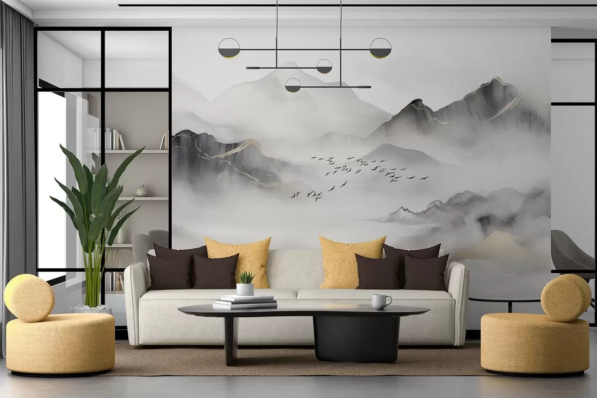 murais de parede Delicadas montanhas na neblina em estilo aquarela w08719