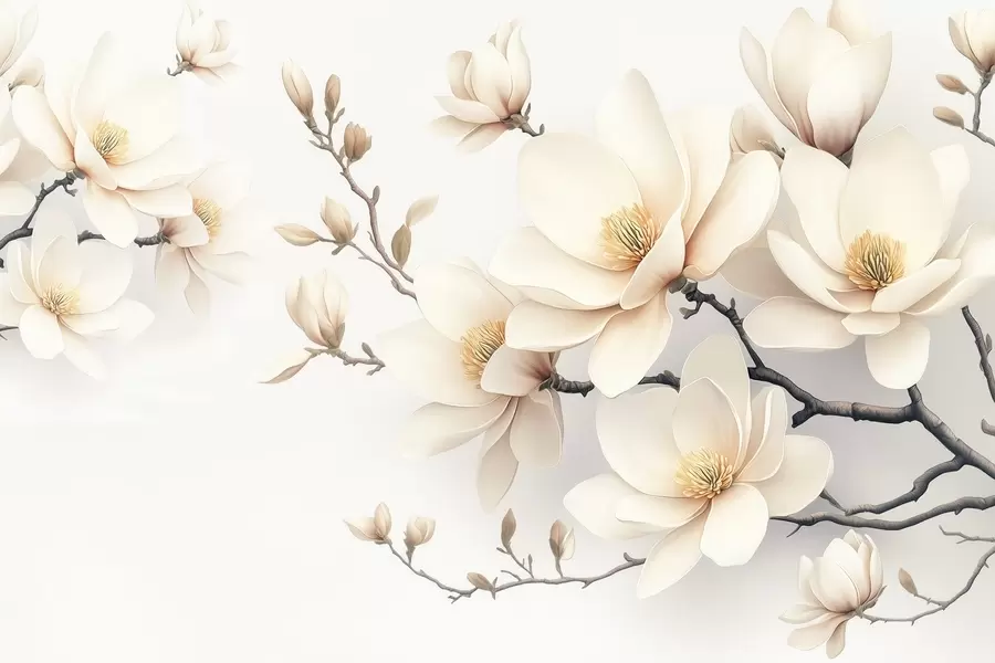 murais de parede Lindas flores de magnólia de cor creme desabrochando em um fundo branco w08721