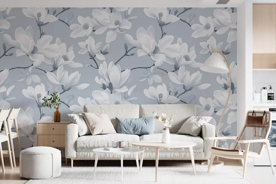 murais de parede Padrão de flores de magnólia brancas, em tons de azul claro, folhas e galhos brancos w08726v2
