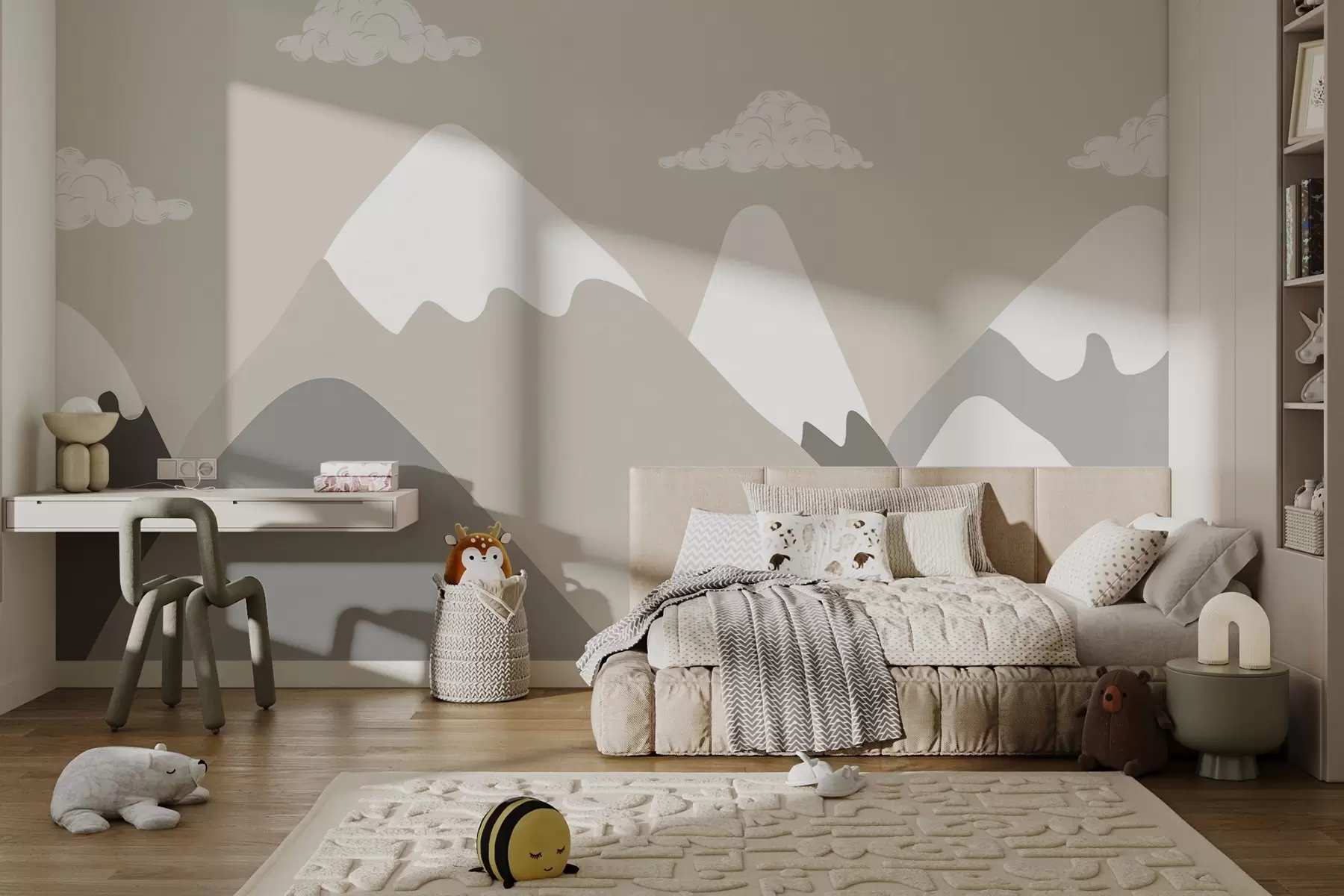 murais de parede Paisagem de montanha minimalista com picos cobertos de neve em tons calmos de cinza e bege, complementados por nuvens brancas suaves w03040v1