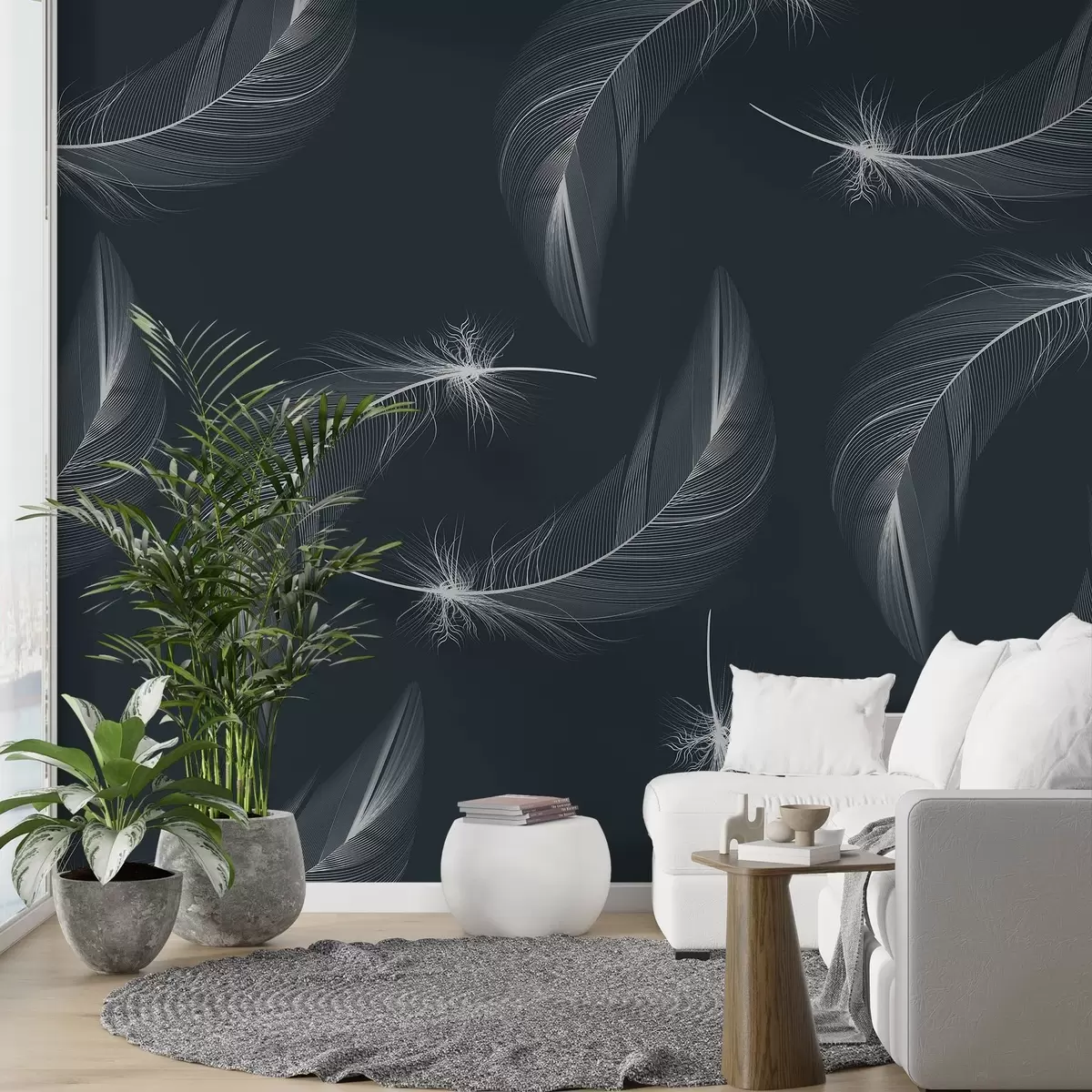 murais de parede Penas em um fundo azul, penas brancas claras w03043