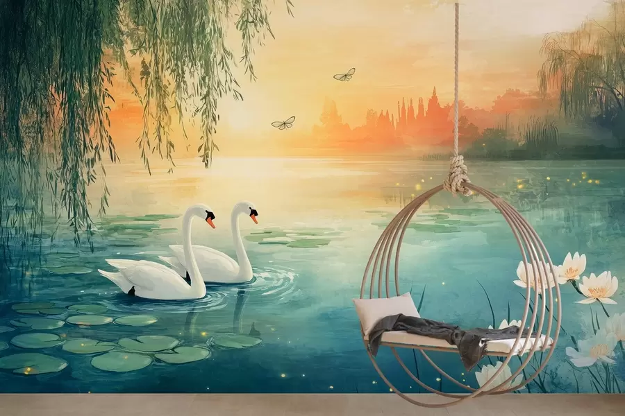 murais de parede Paisagem romântica no estilo de pintura a óleo com dois cisnes brancos no lago w03017