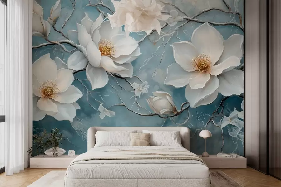 murais de parede Flores brancas geladas em um fundo azul no estilo de pintura a óleo w03018