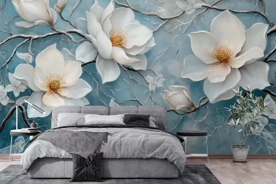 murais de parede Flores brancas geladas em um fundo azul no estilo de pintura a óleo w03018