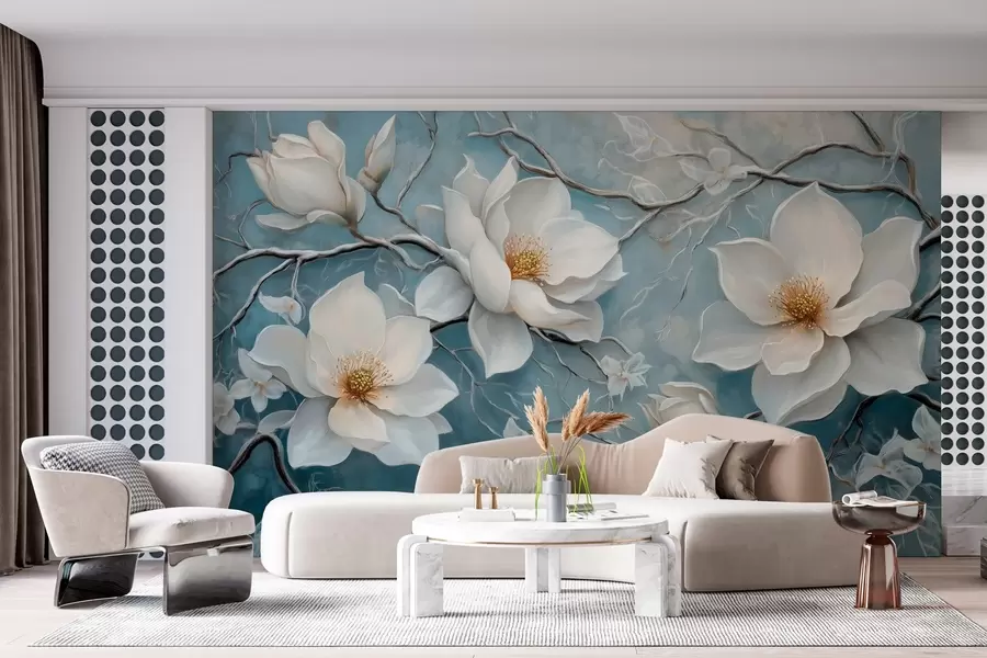 murais de parede Flores brancas geladas em um fundo azul no estilo de pintura a óleo w03018