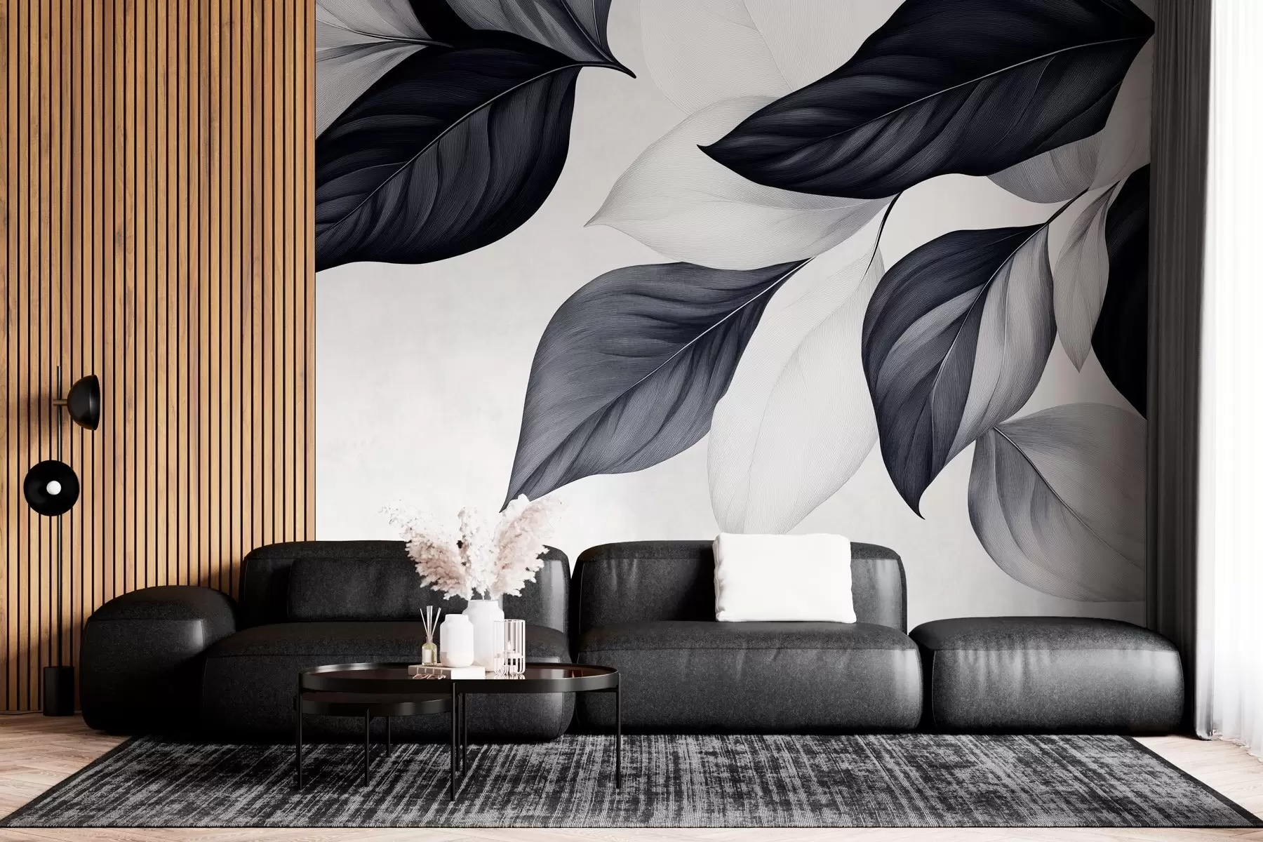 murais de parede Folhas gráficas em preto e branco w03020