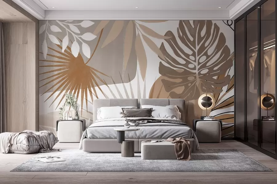 murais de parede Desenho abstrato com várias folhas tropicais em tons terrosos de marrom, bege e creme  w08738
