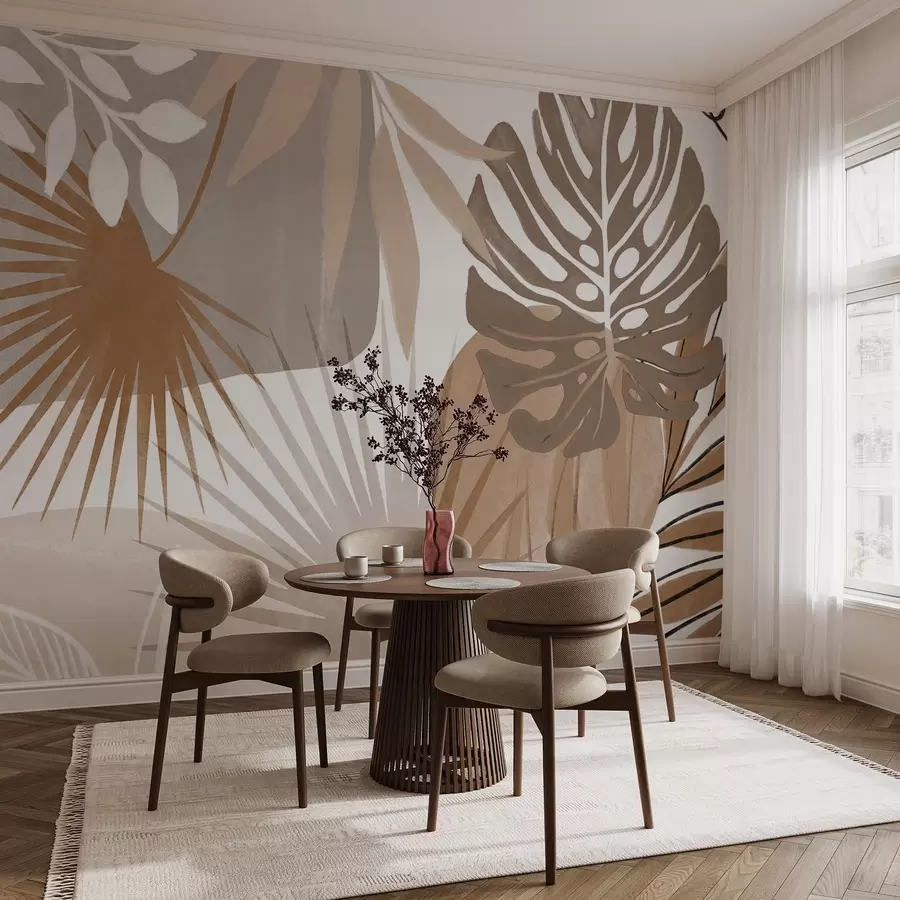 murais de parede Desenho abstrato com várias folhas tropicais em tons terrosos de marrom, bege e creme  w08738