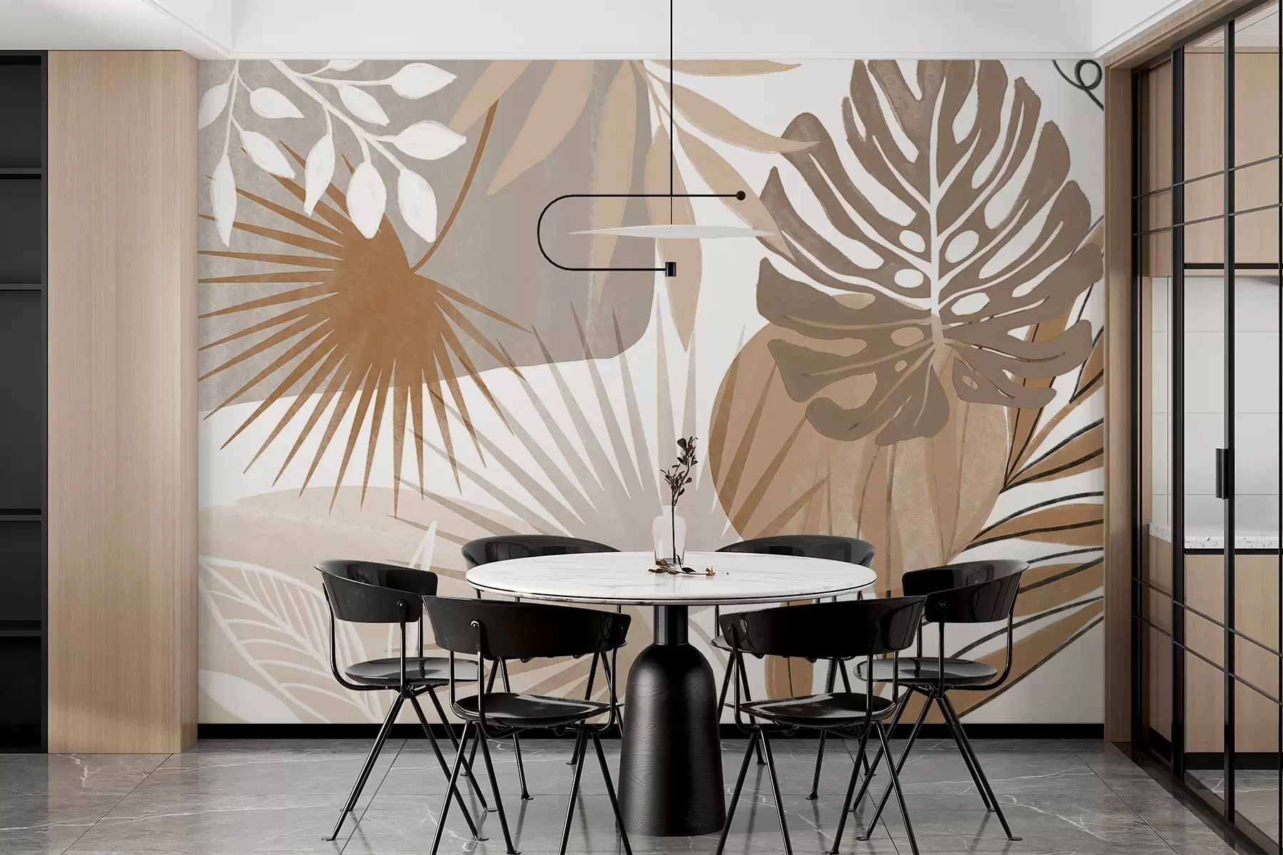 murais de parede Desenho abstrato com várias folhas tropicais em tons terrosos de marrom, bege e creme  w08738