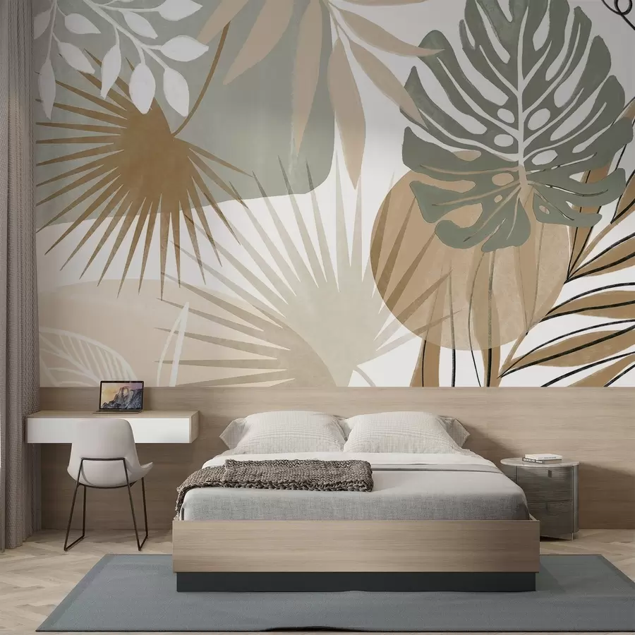 murais de parede Desenho abstrato com várias folhas tropicais em tons terrosos de verde, bege e creme  w08738v1