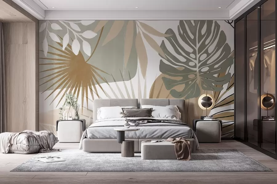 murais de parede Desenho abstrato com várias folhas tropicais em tons terrosos de verde, bege e creme  w08738v1