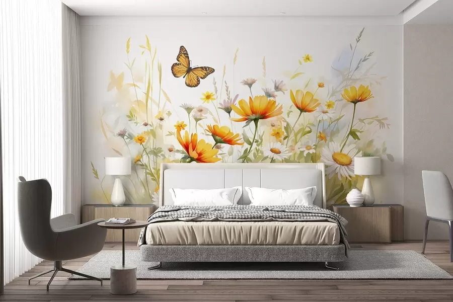 murais de parede Um campo de flores vibrante, semelhante a uma aquarela, com flores laranja e amarelas e uma borboleta acima das flores w08739