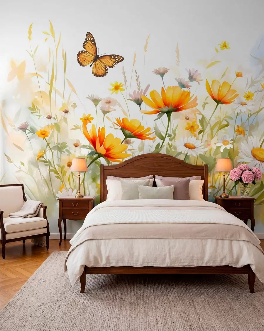 murais de parede Um campo de flores vibrante, semelhante a uma aquarela, com flores laranja e amarelas e uma borboleta acima das flores w08739