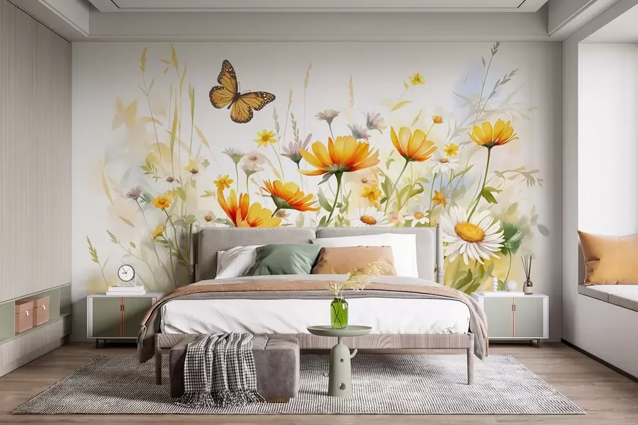 murais de parede Um campo de flores vibrante, semelhante a uma aquarela, com flores laranja e amarelas e uma borboleta acima das flores w08739