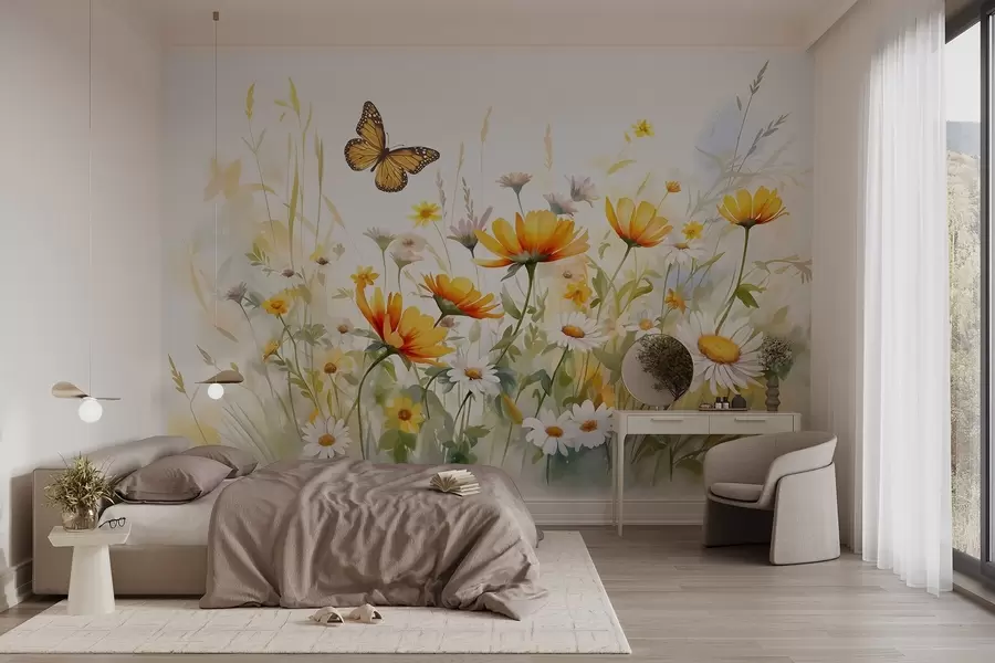murais de parede Um campo de flores vibrante, semelhante a uma aquarela, com flores laranja e amarelas e uma borboleta acima das flores w08739