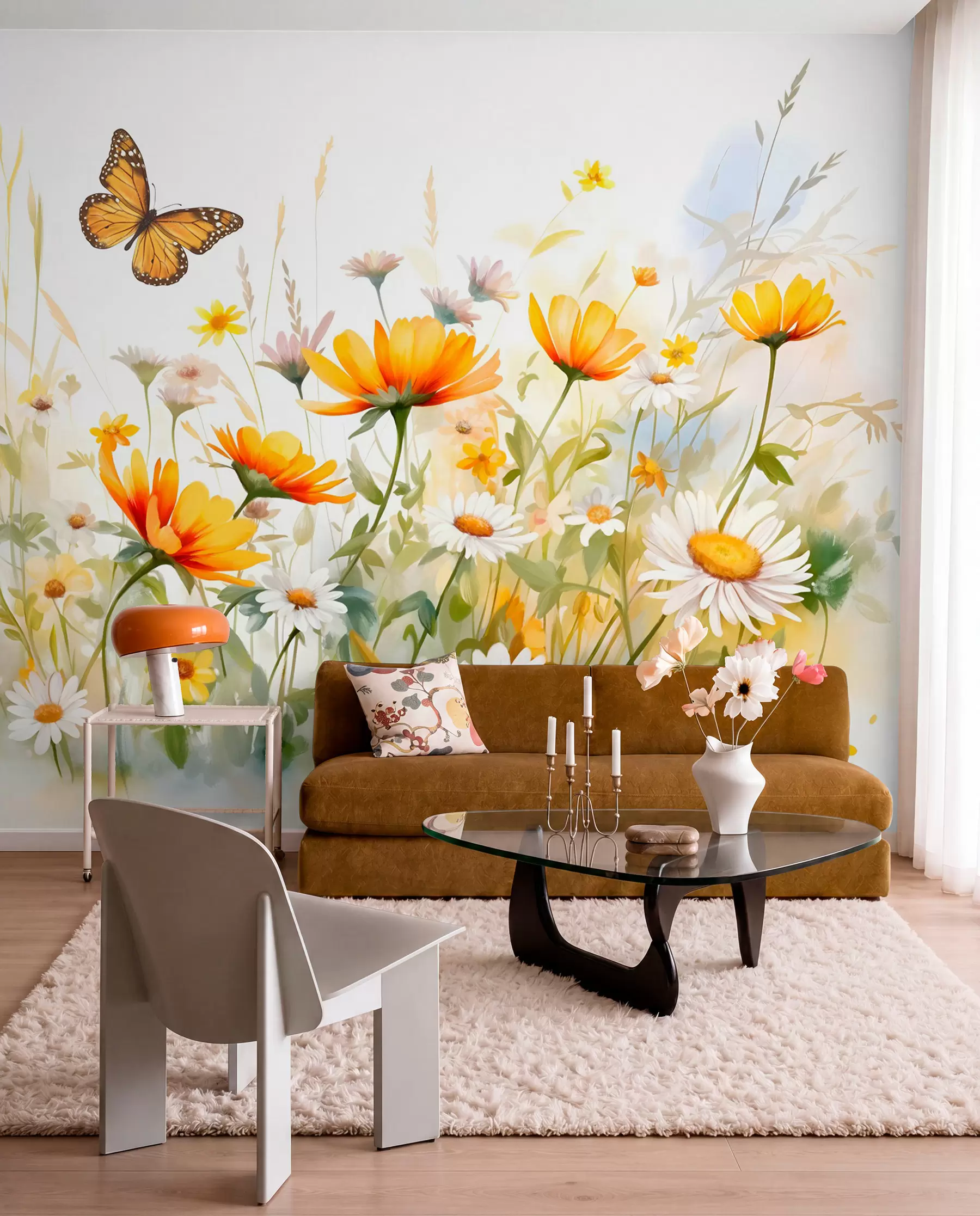 murais de parede Um campo de flores vibrante, semelhante a uma aquarela, com flores laranja e amarelas e uma borboleta acima das flores w08739