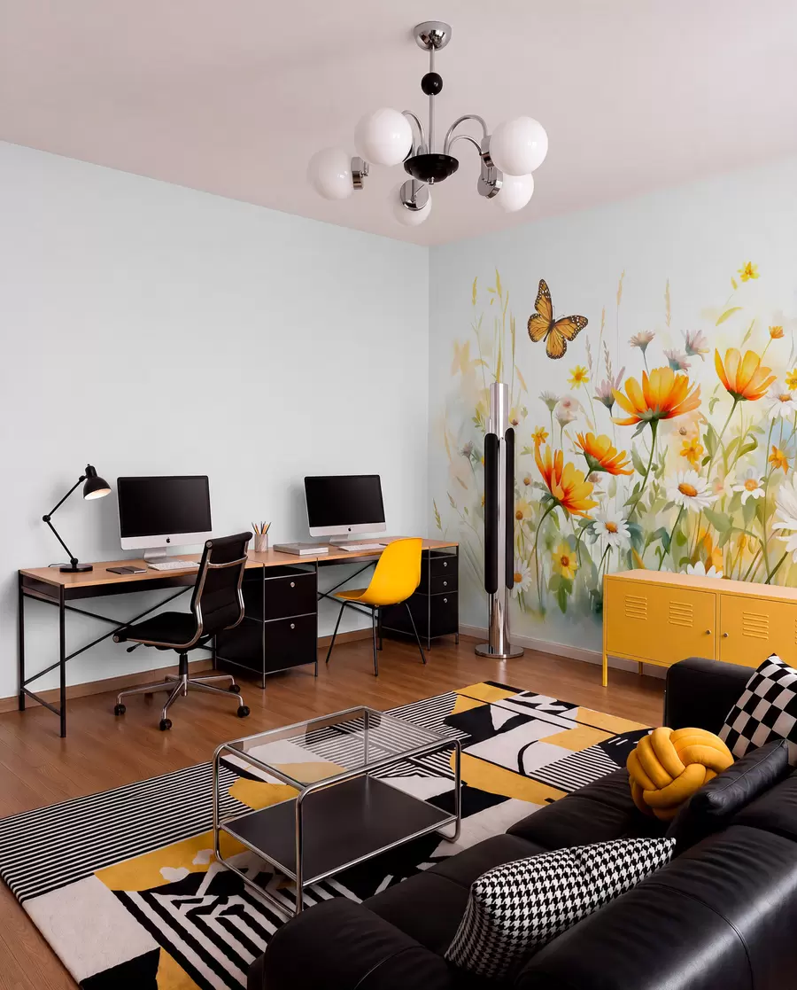 murais de parede Um campo de flores vibrante, semelhante a uma aquarela, com flores laranja e amarelas e uma borboleta acima das flores w08739