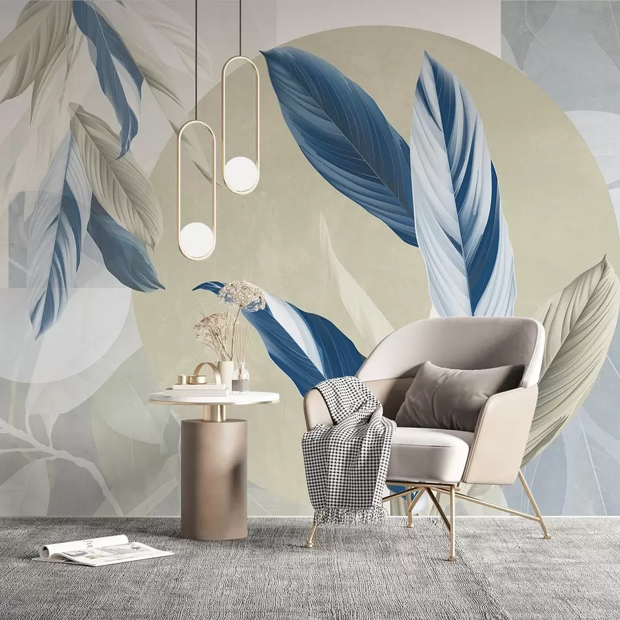 murais de parede Composição geométrica moderna e abstrata com textura e folhas detalhadas em tons de azul, bege e branco w08741